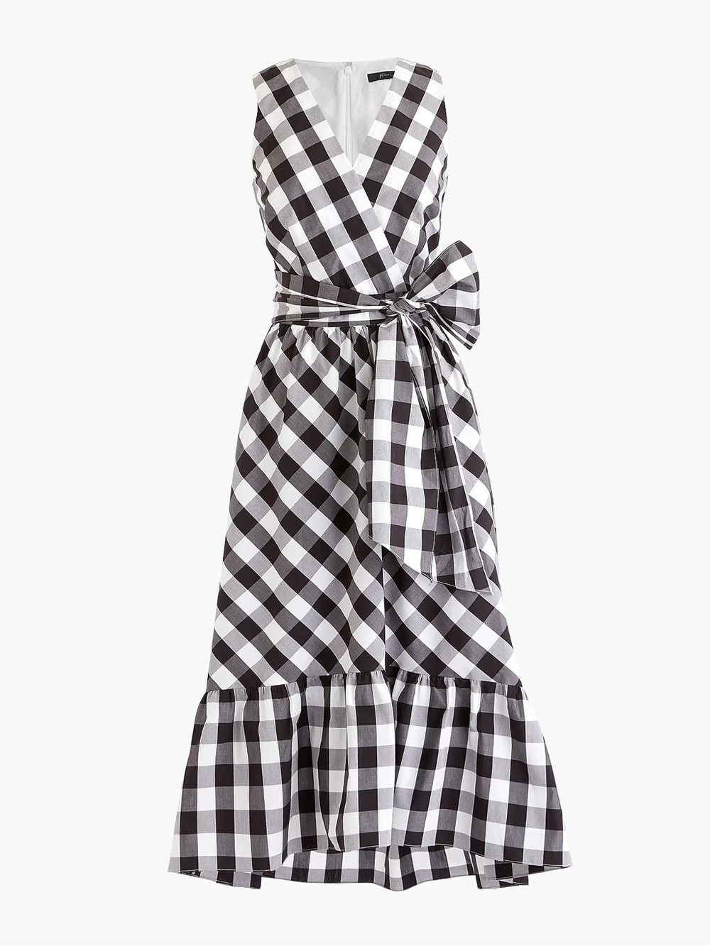Sleeveless faux-wrap dress in gingham cotton poplin